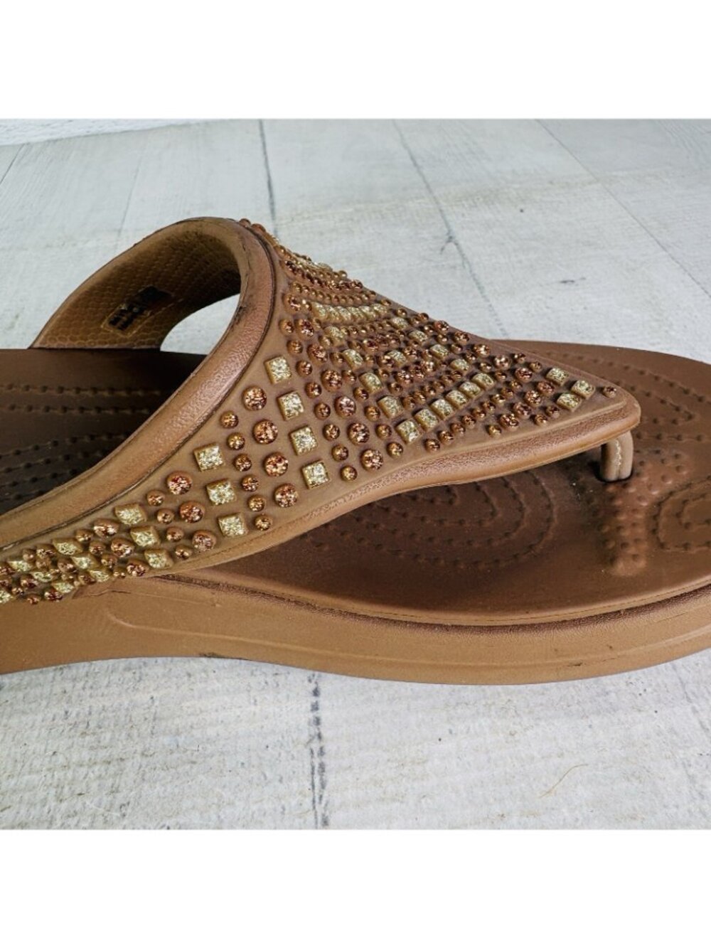 Crocs MONTEREY SHIMMER Bronze Bling Wedge Platform Thong Flip Flop Shoe Size 8 - Picture 16 of 16